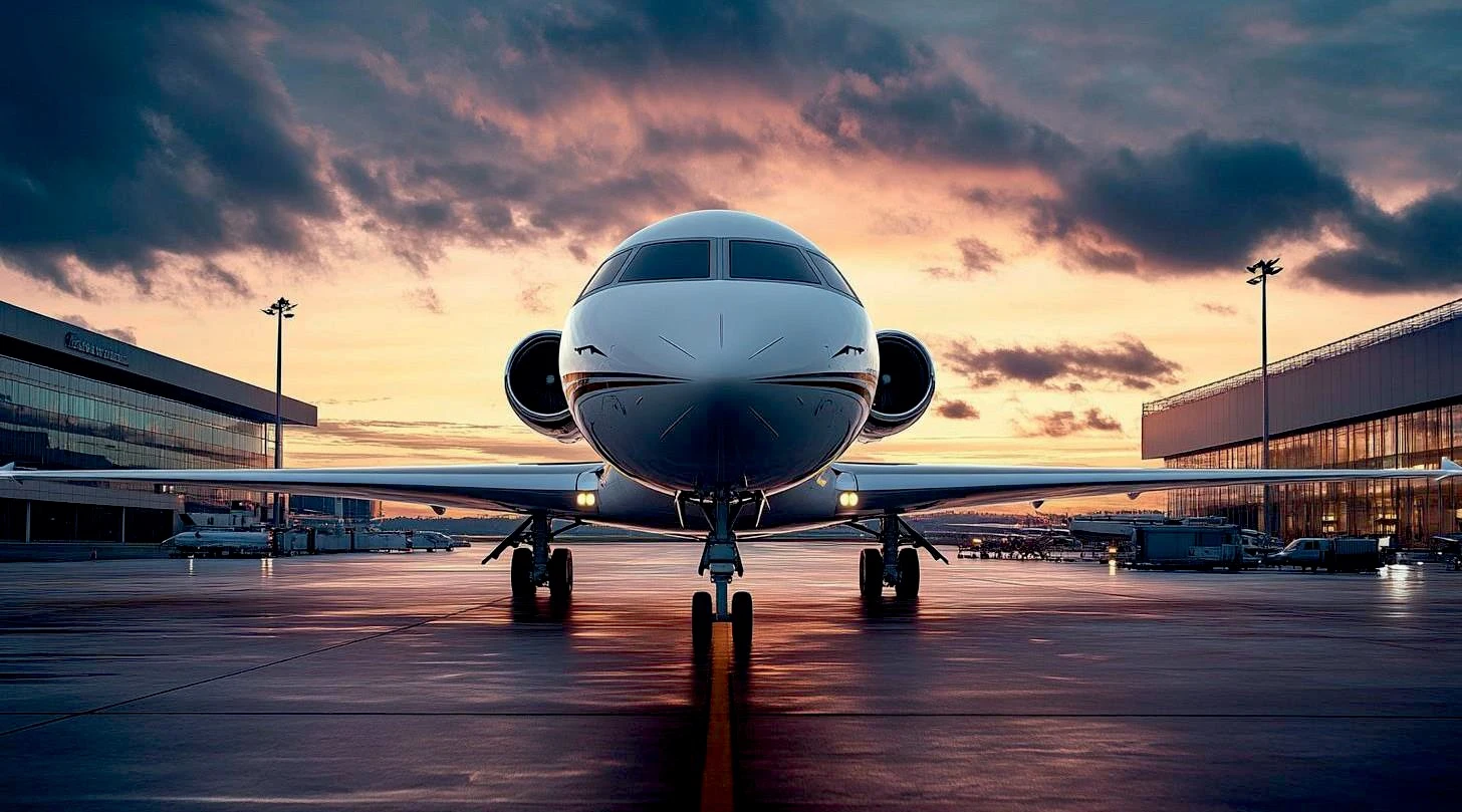 Aircraft at an airport terminal as evening falls