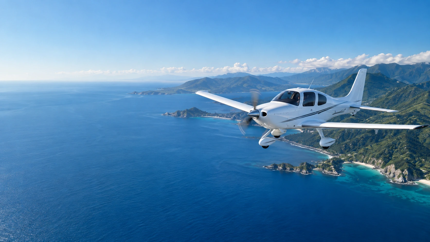 Illustrative aircraft soaring over an expansive coastline