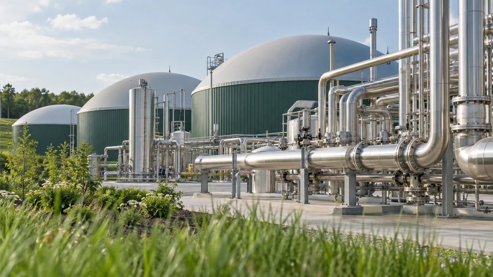 Concept image of biomethane upgrading equipment and digesters